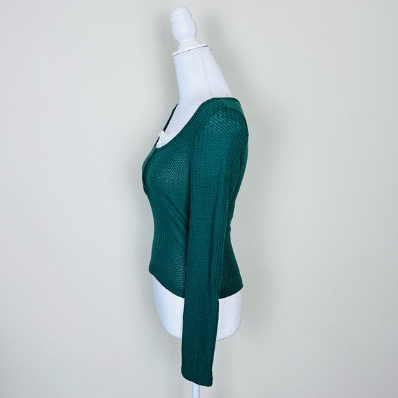 Forest Green Honeycomb Long Sleeve Button Henley Top with Peekaboo Lace - Picture 3 of 8